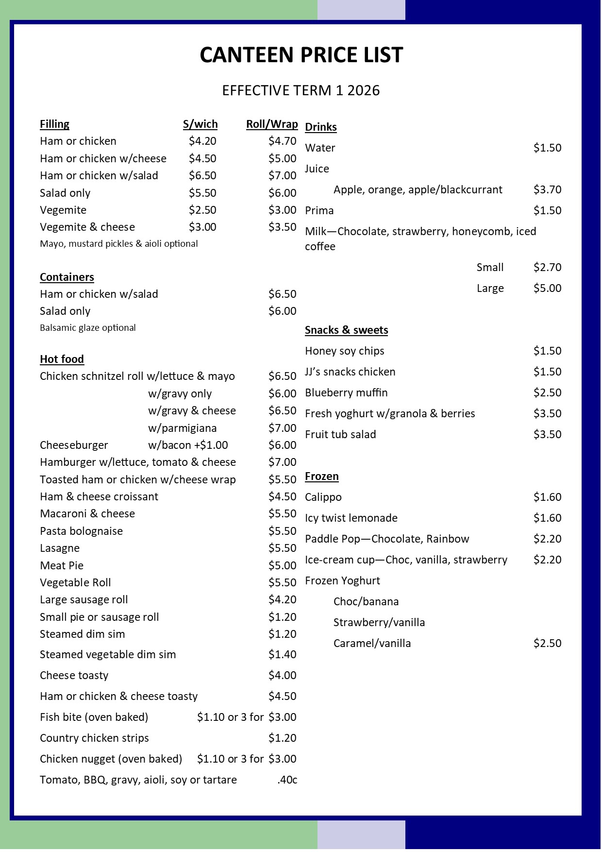 Canteen pricelist